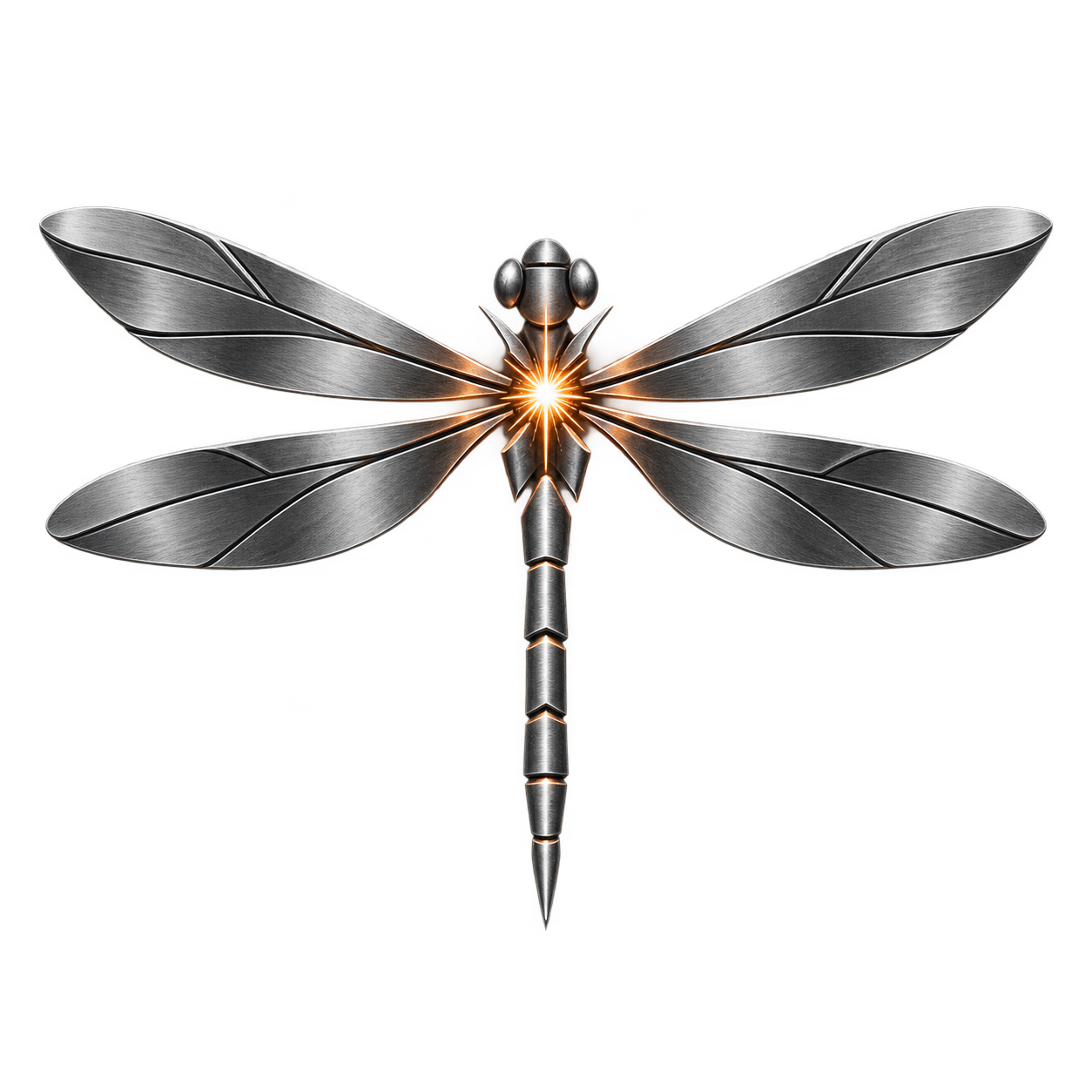 Dragonfly with steel wings and an orange welding spark